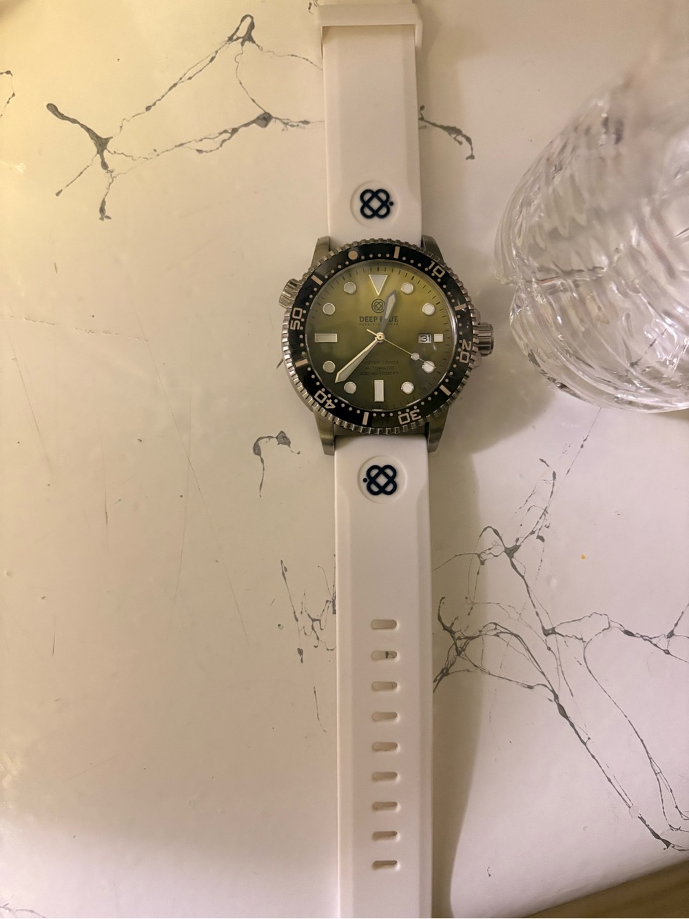 Green Dial Smartwatch with White Silicone Strap and Black Bezel